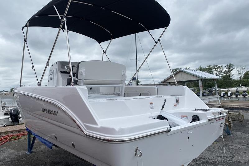 2025 Stingray 173CC boat with canopy, docked under cloudy skies.