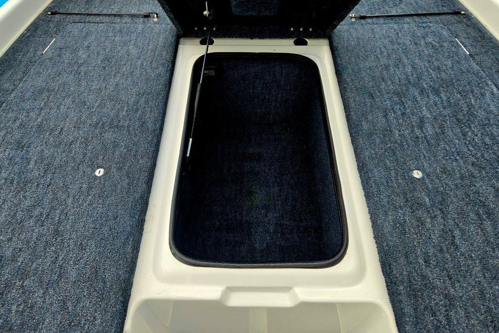 Open storage compartment on 1996 Champion 181 SX boat with blue carpeted interior.