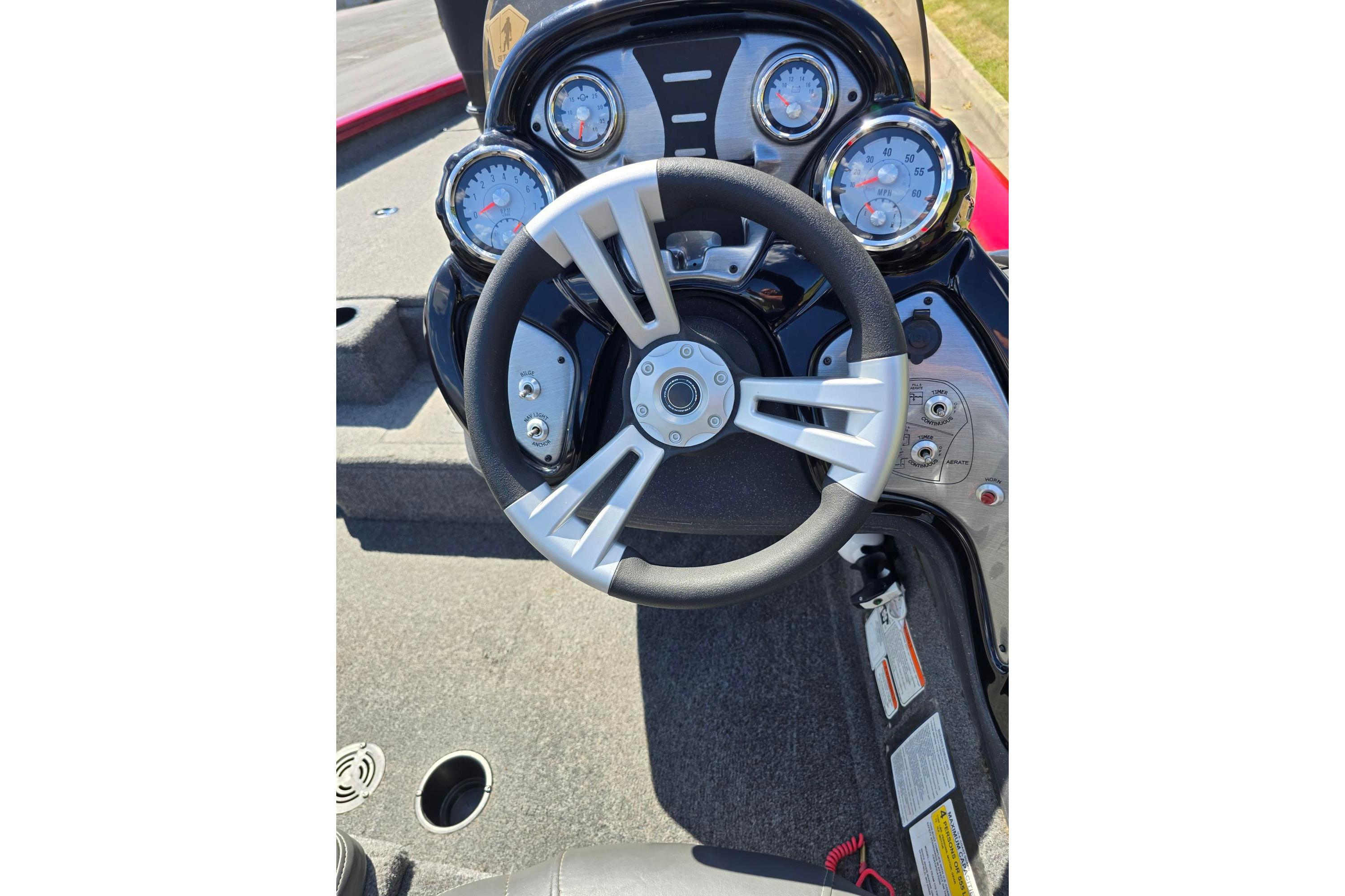 Steering wheel and dashboard of 2021 Tracker Pro Team 175 TXW boat.