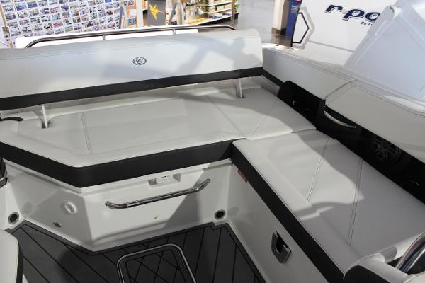 2025 Cobalt R6 boat interior with white seating and black accents.