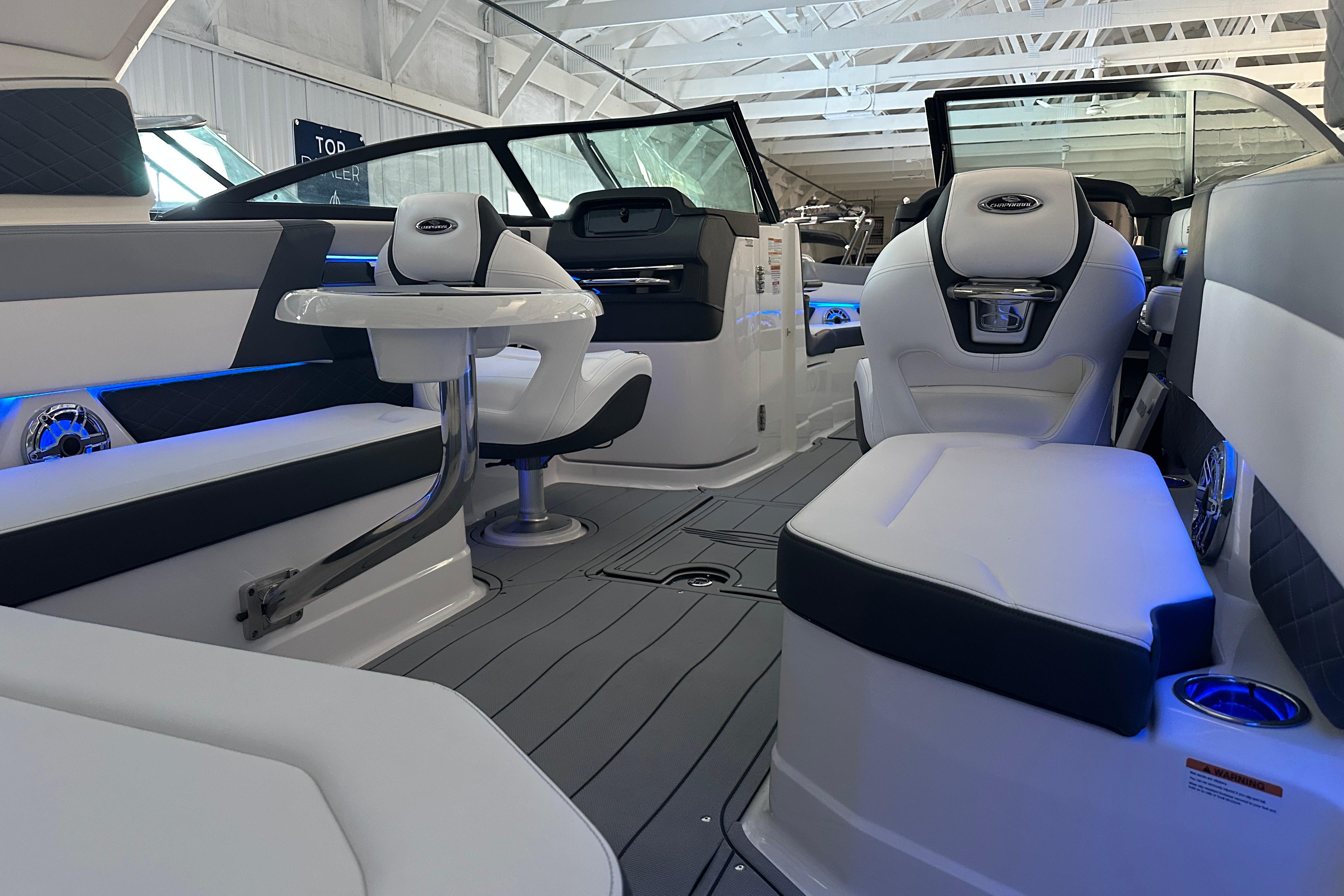 Interior of 2026 Chaparral SSX 8 boat with luxurious seating and modern design.