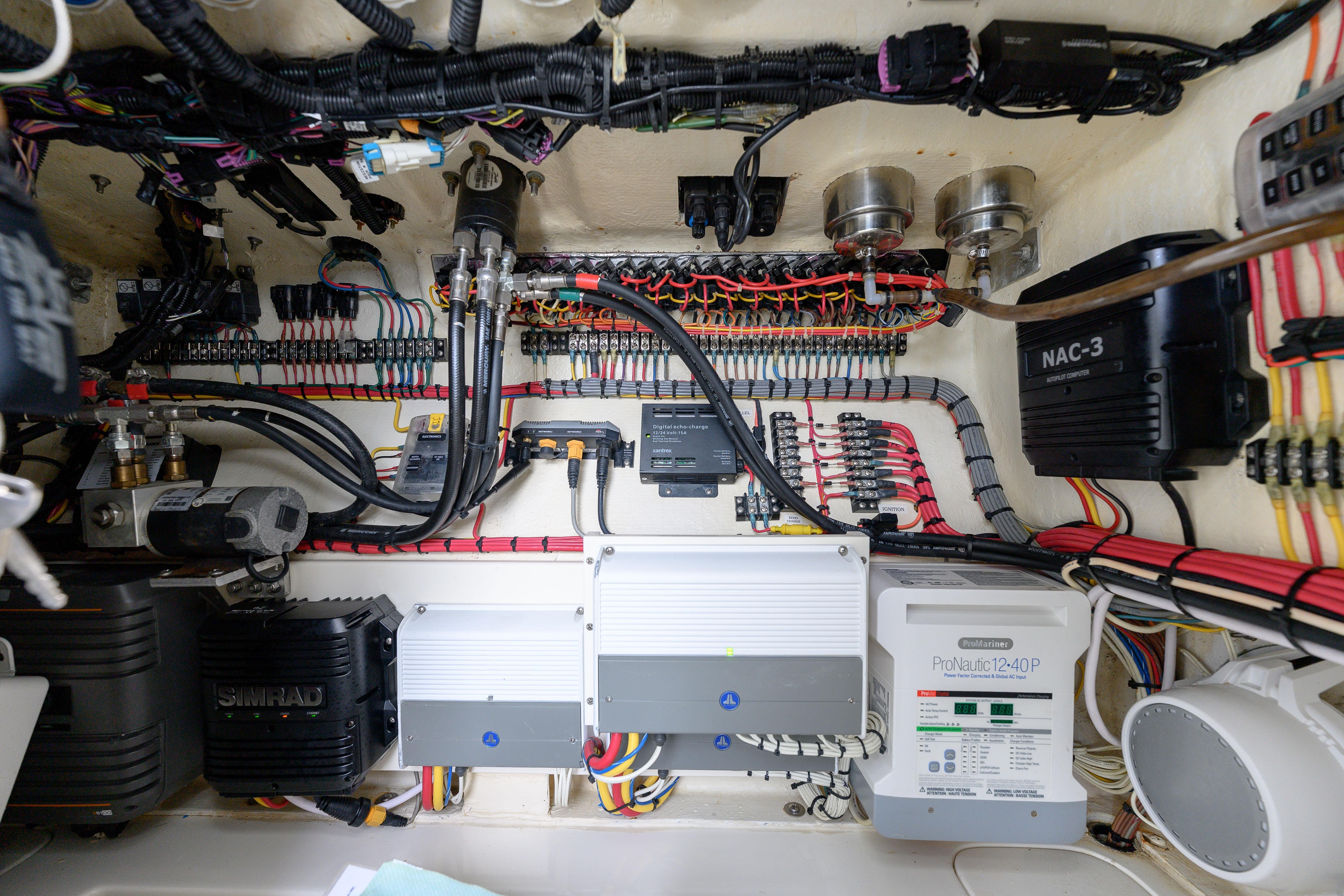 Electrical system of a 2017 SeaVee 390Z boat, showcasing wiring and components.