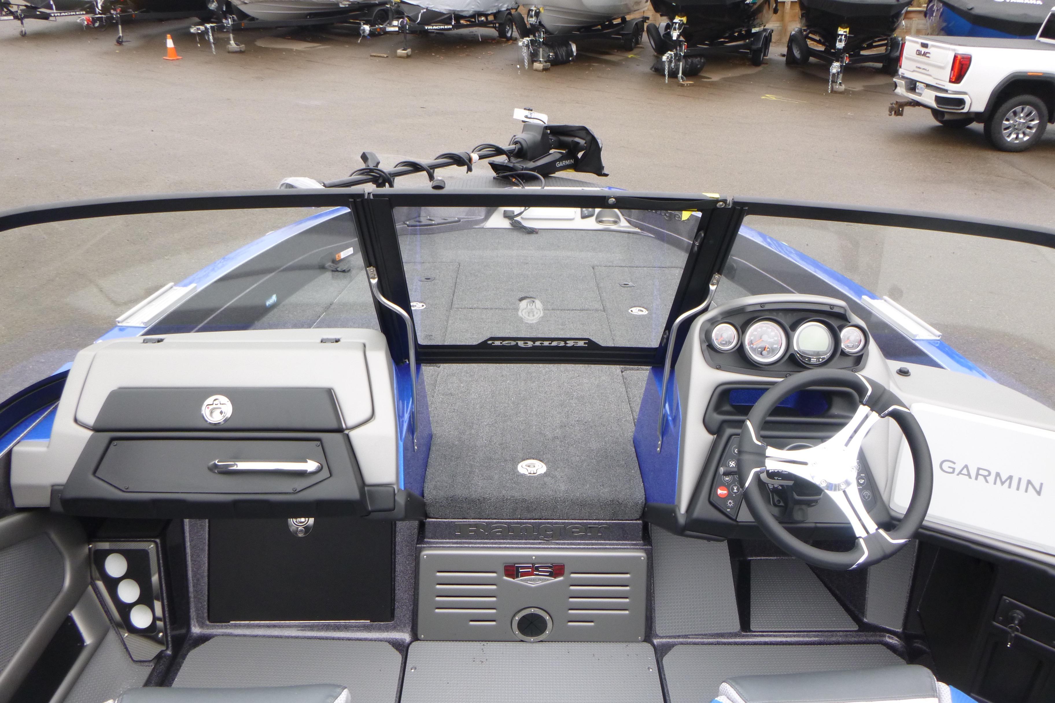 2026 Ranger 620FS Cup Equipped boat interior with Garmin dashboard and steering wheel.