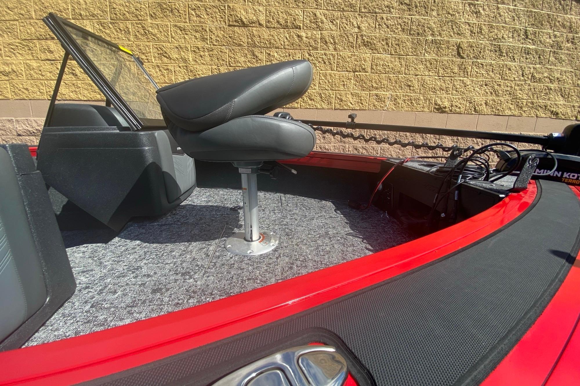 2026 Tracker Targa V-18 WT boat interior with swivel seat and carpeted deck.