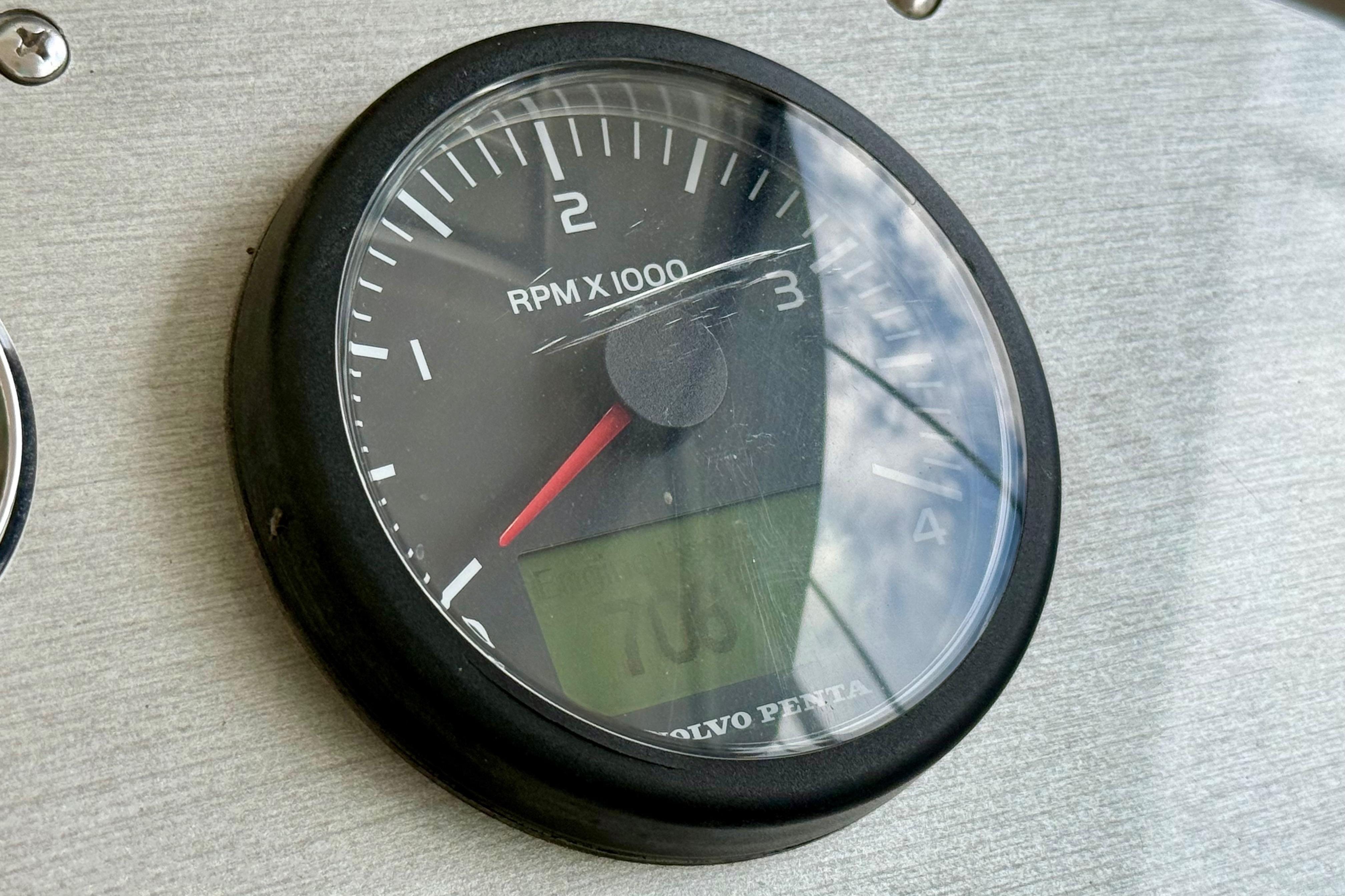 Volvo Penta RPM gauge on 2011 Cruisers Yachts 390 Sports Coupe dashboard.