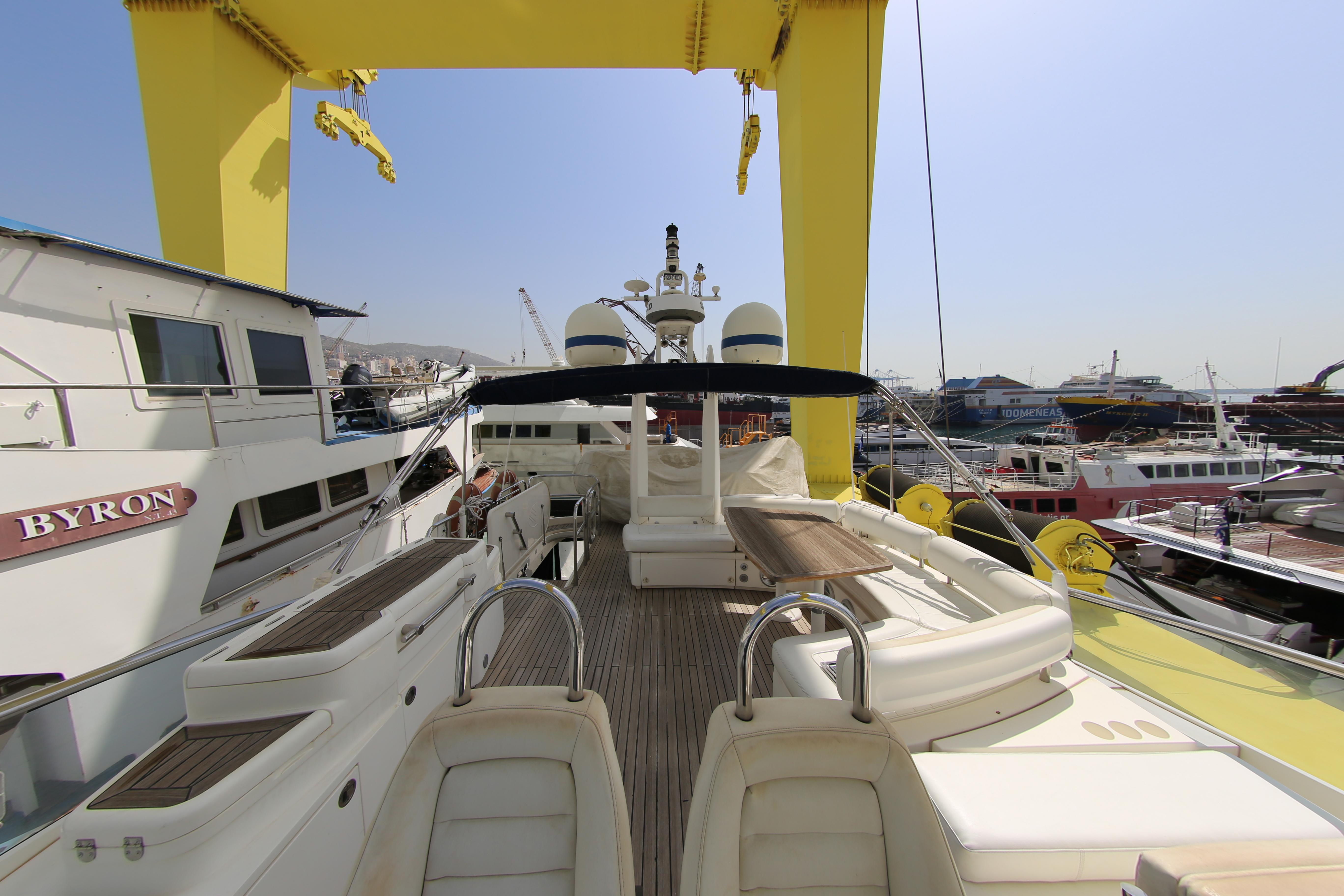Luxury Fairline Squadron 68 yacht deck, 2008 model, docked in a marina.
