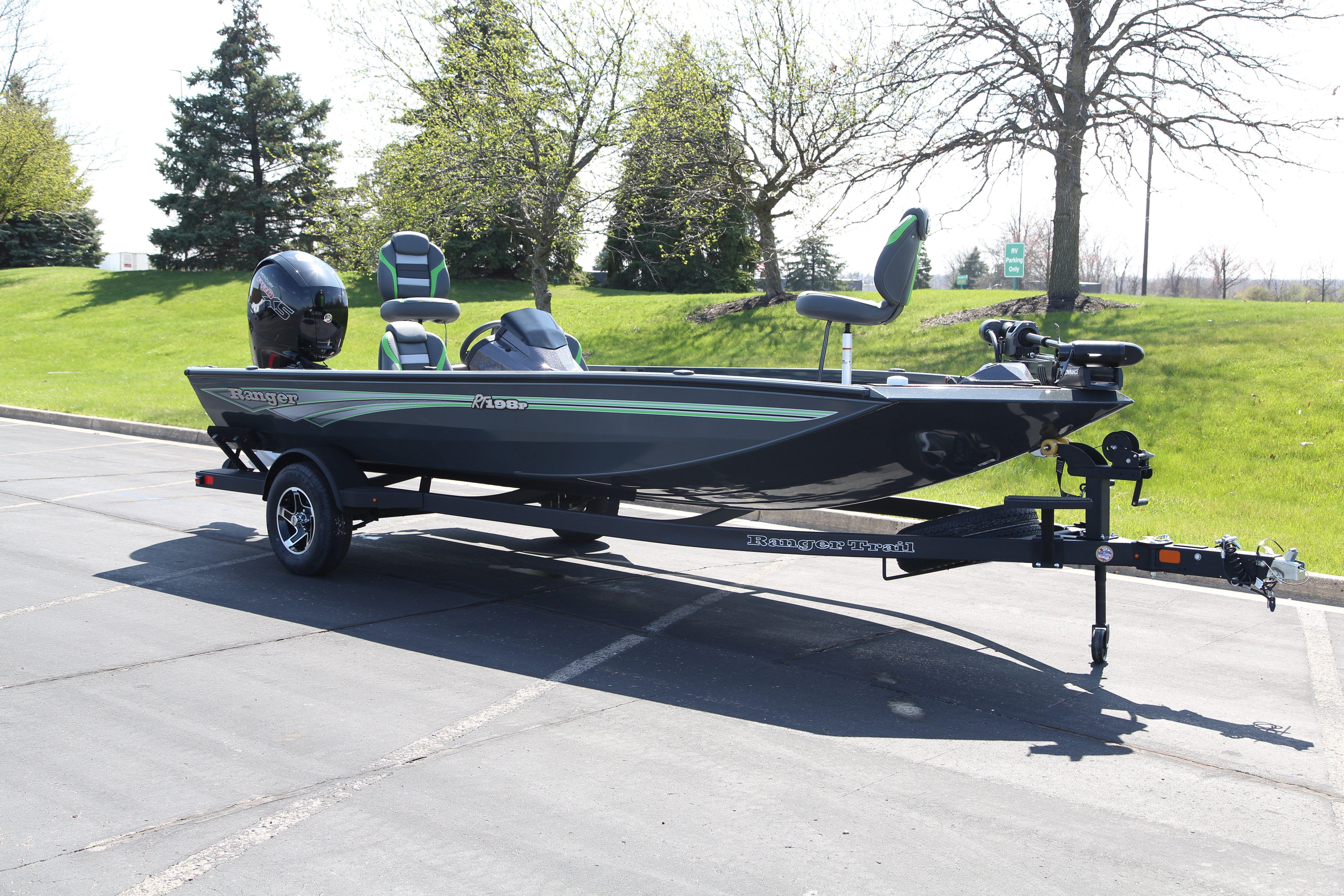2026 Ranger RT198P fishing boat on trailer in sunny outdoor setting.
