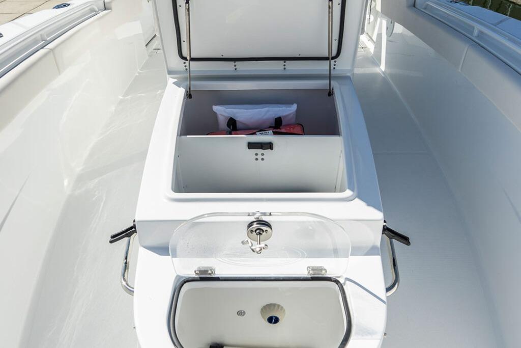 2026 Sea Hunt Gamefish 28 Coffin Box interior, showcasing storage and sleek design.