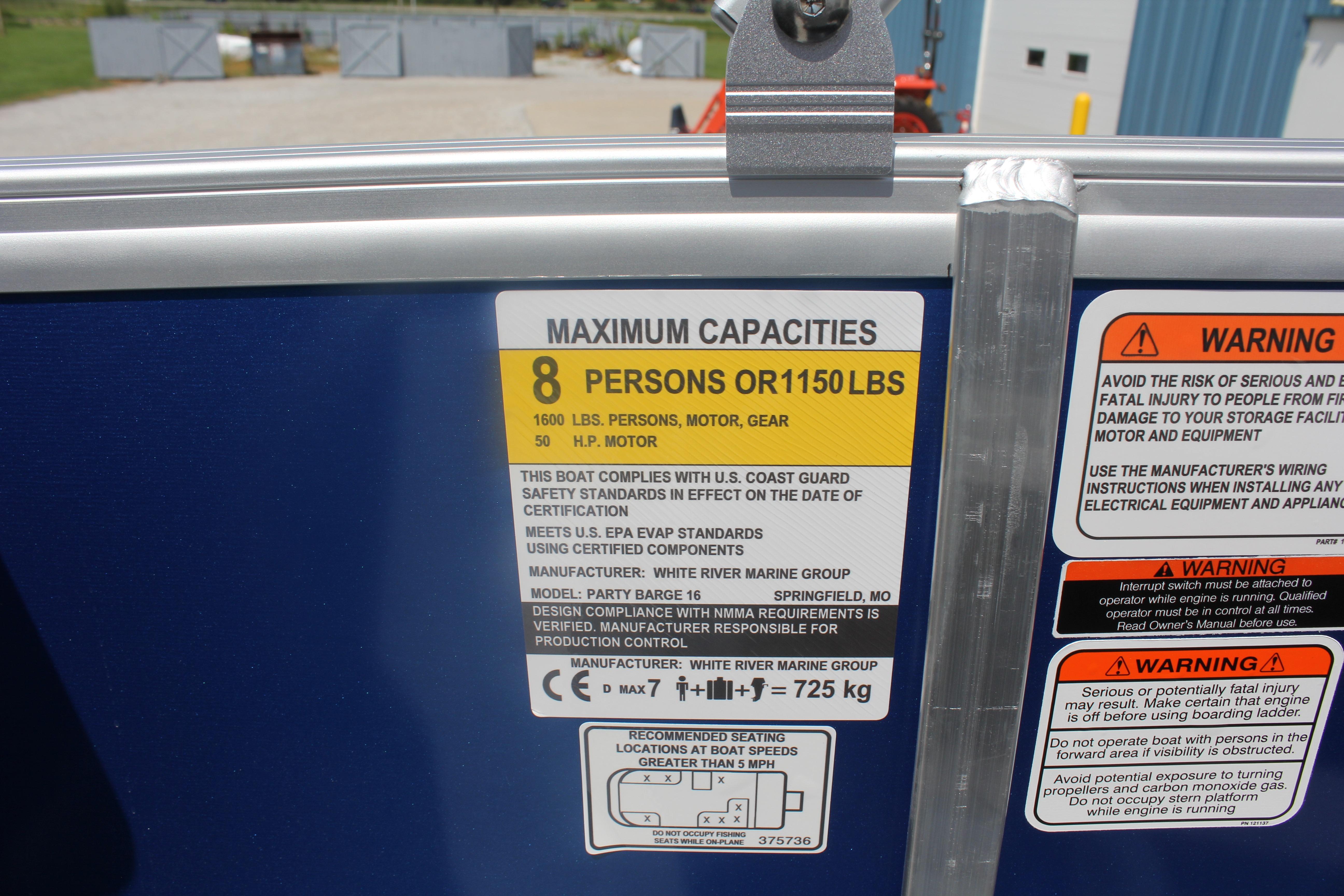 Capacity label on 2026 Sun Tracker Party Barge 16 DLX, max 8 persons or 1150 lbs.
