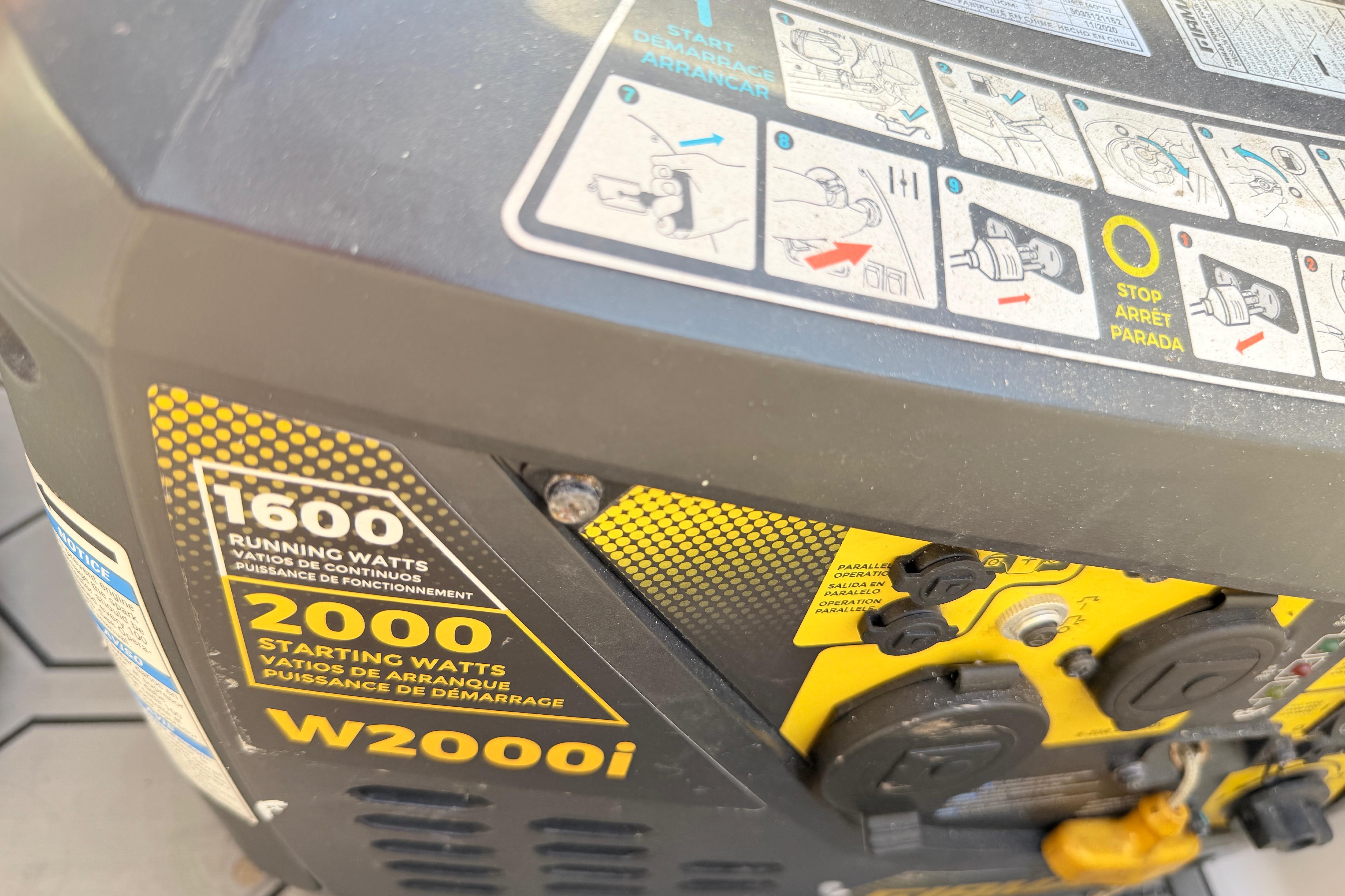 Portable generator with 1600 running watts and 2000 starting watts, featuring operation instructions.
