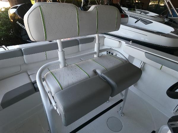 2023 Tahoe 2150 CC boat interior with cushioned seating and modern design.