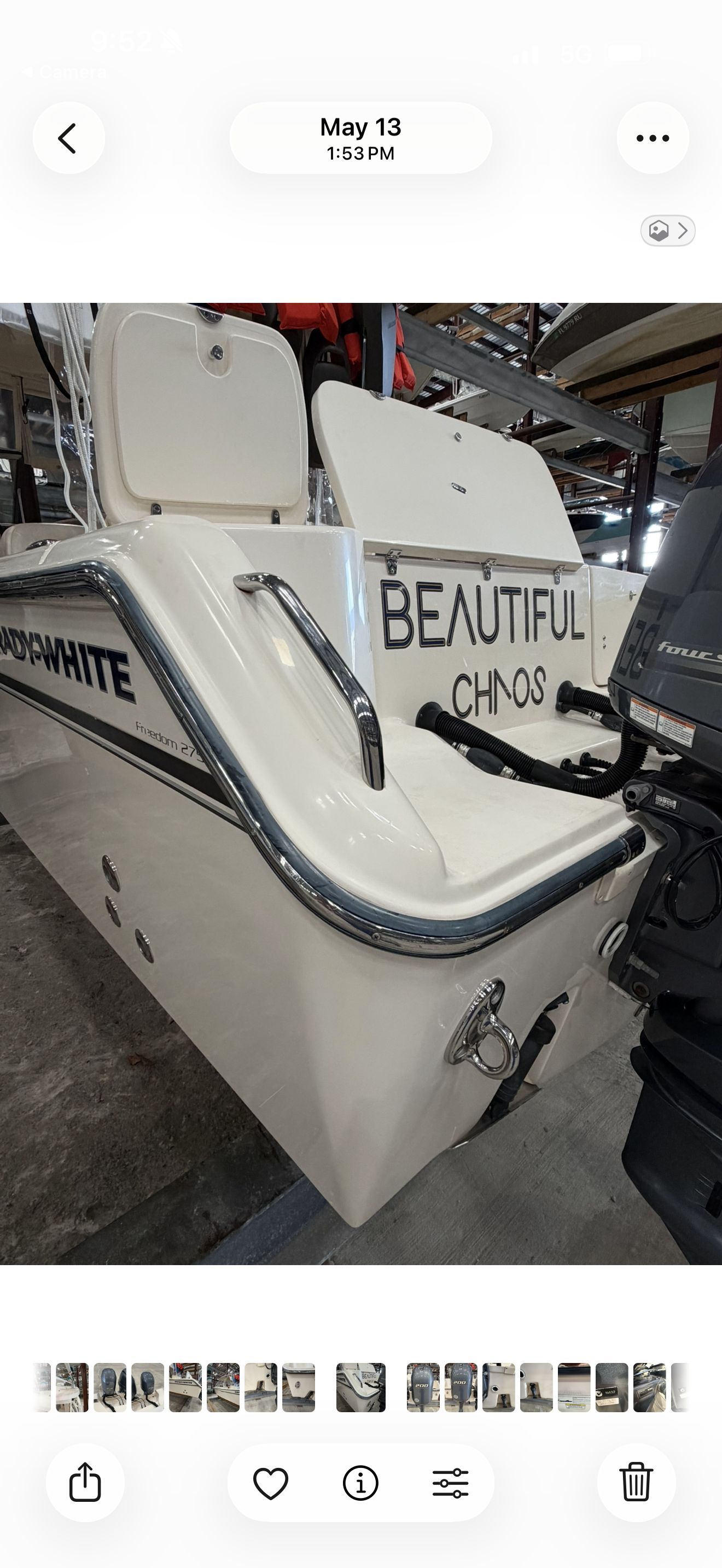 A 2015 Grady-White Freedom 275 boat in storage, named "Beautiful Chaos."