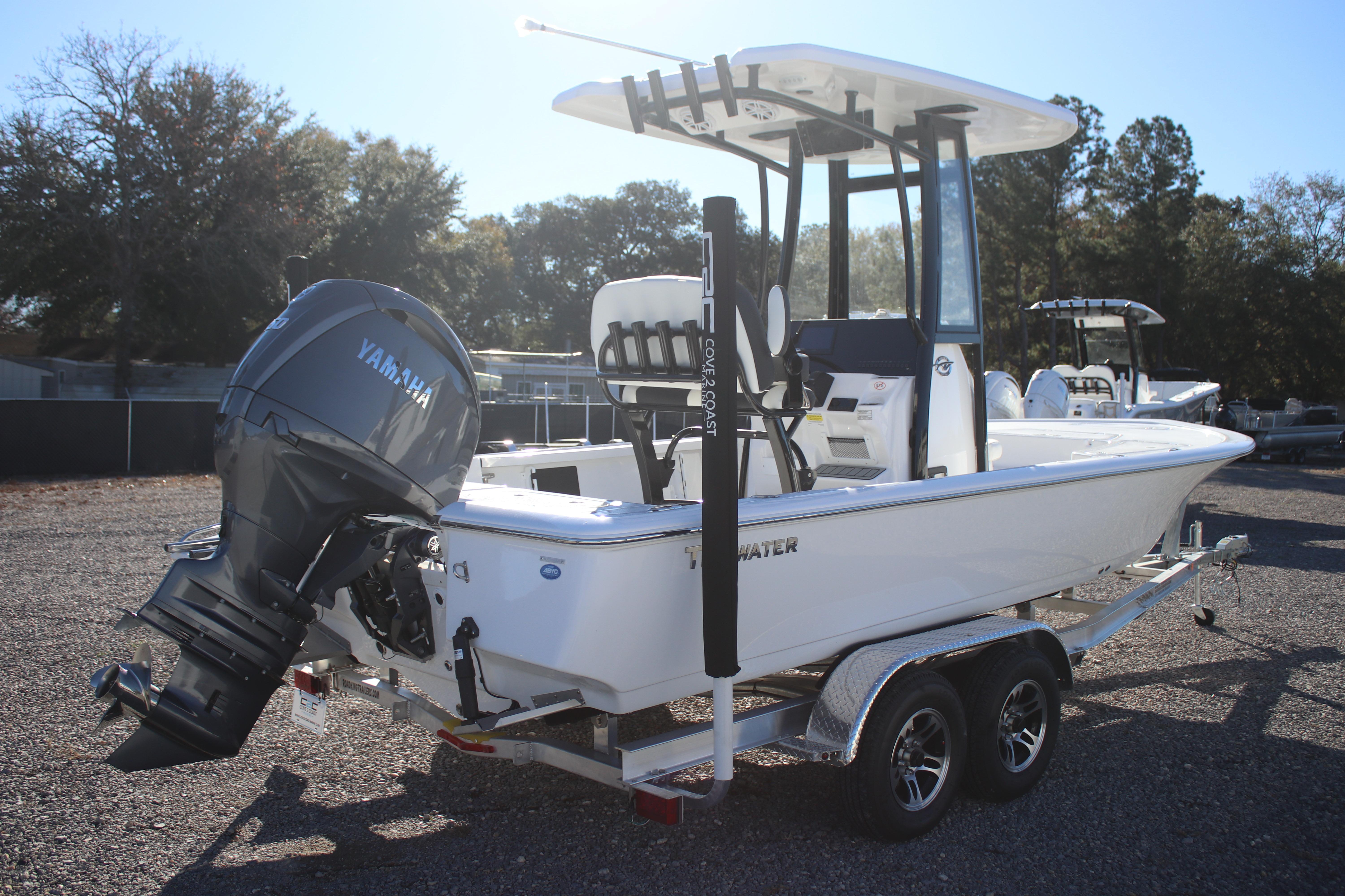 2026 Tidewater 2210 Carolina Bay boat with Yamaha engine on trailer.