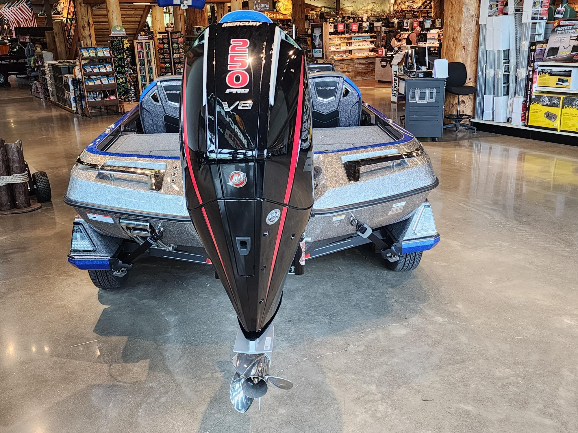 2025 Ranger Z521R boat with Mercury 250 Pro V8 engine displayed indoors.