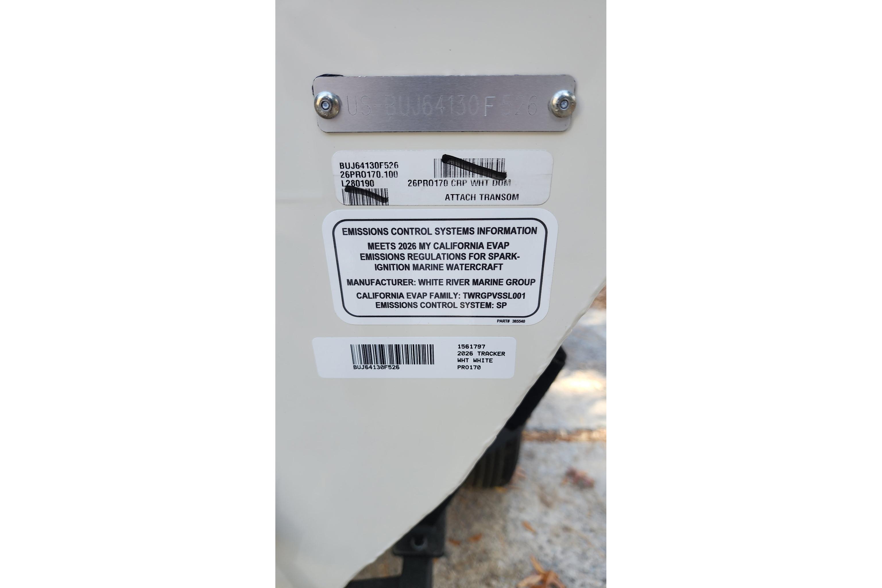 2026 Tracker Pro 170 emissions control label on marine watercraft.