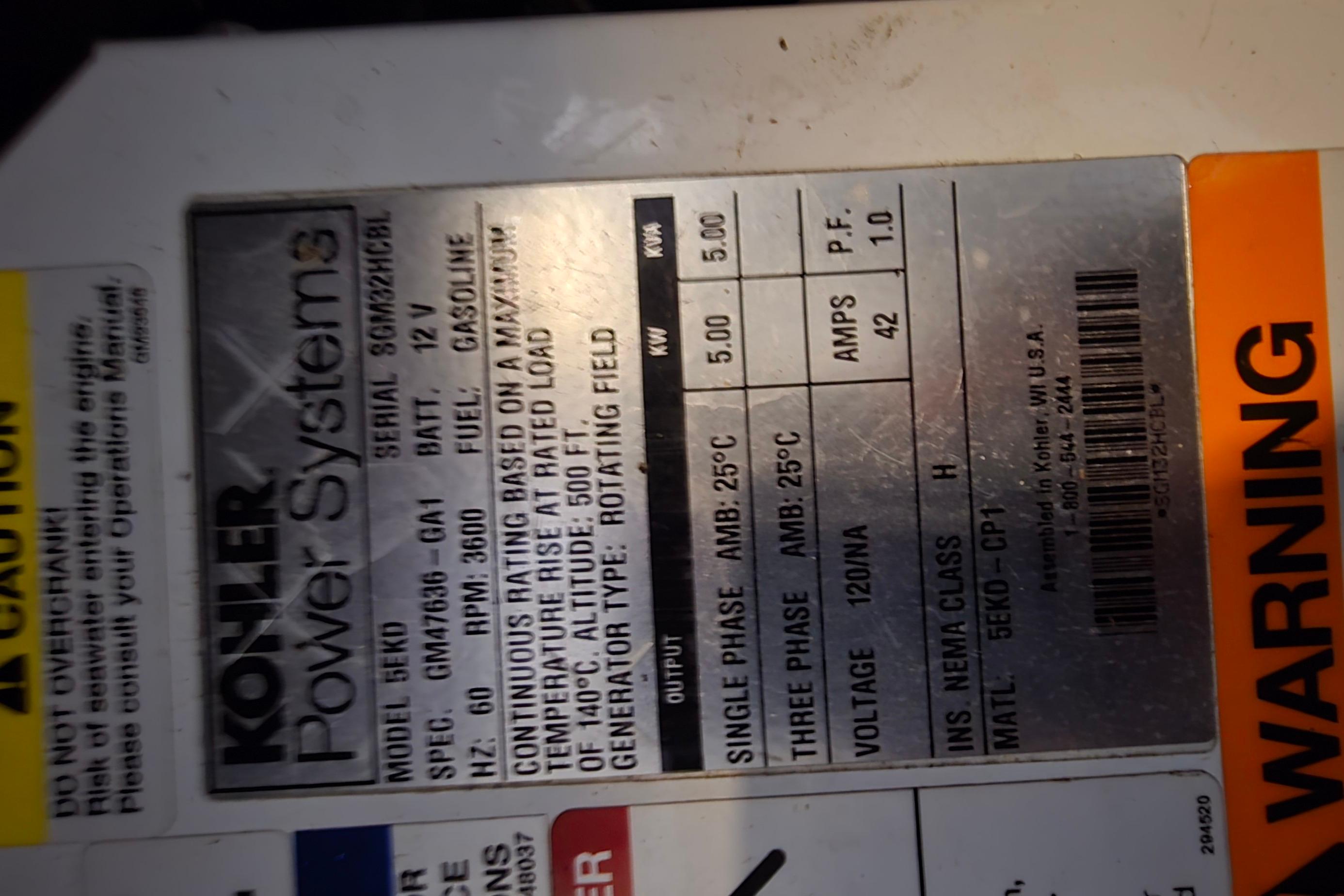 Kohler Power Systems label on 2018 Four Winns V355, detailing specifications and warnings.