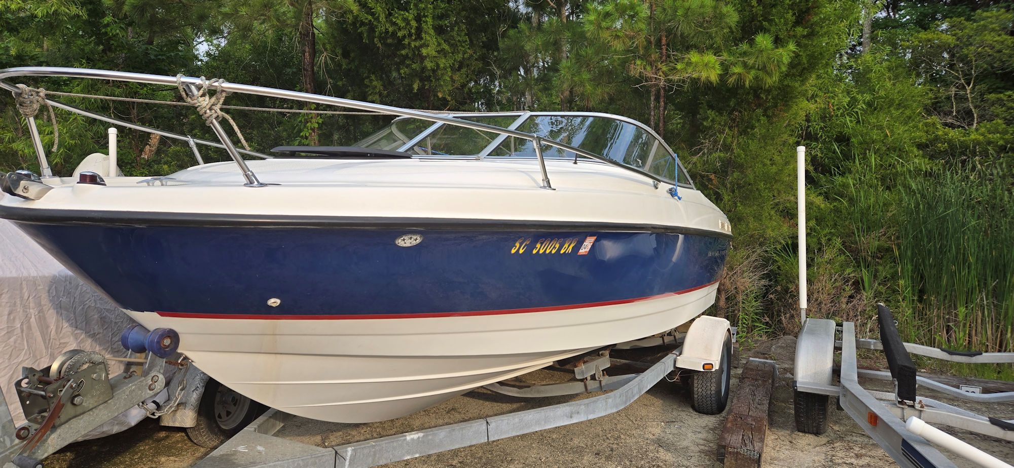 2004 Bayliner B210 Classic on trailer in greenery.
