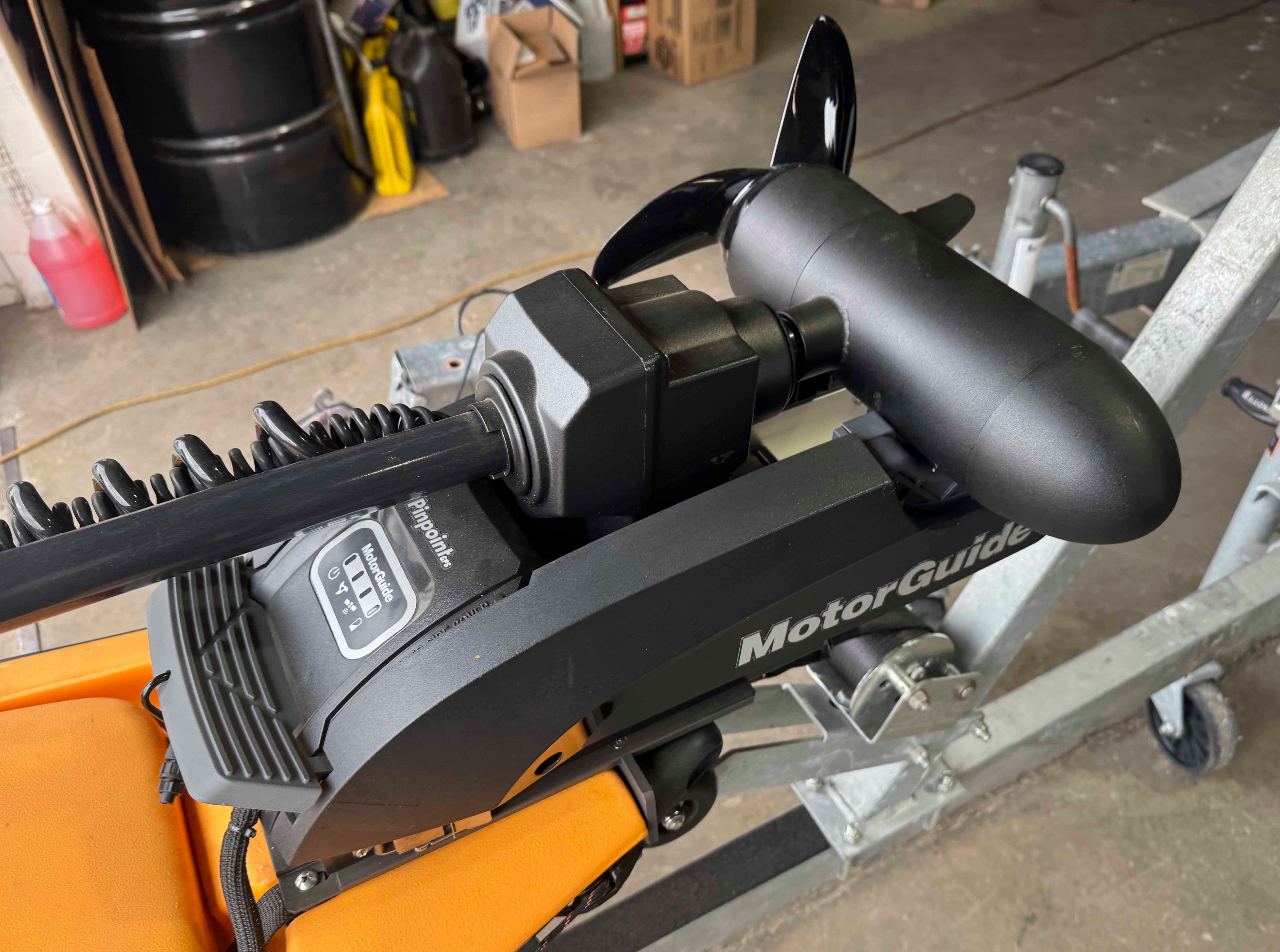 Close-up of a MotorGuide motor on a Hobie 14 Pro Angler Kayak.