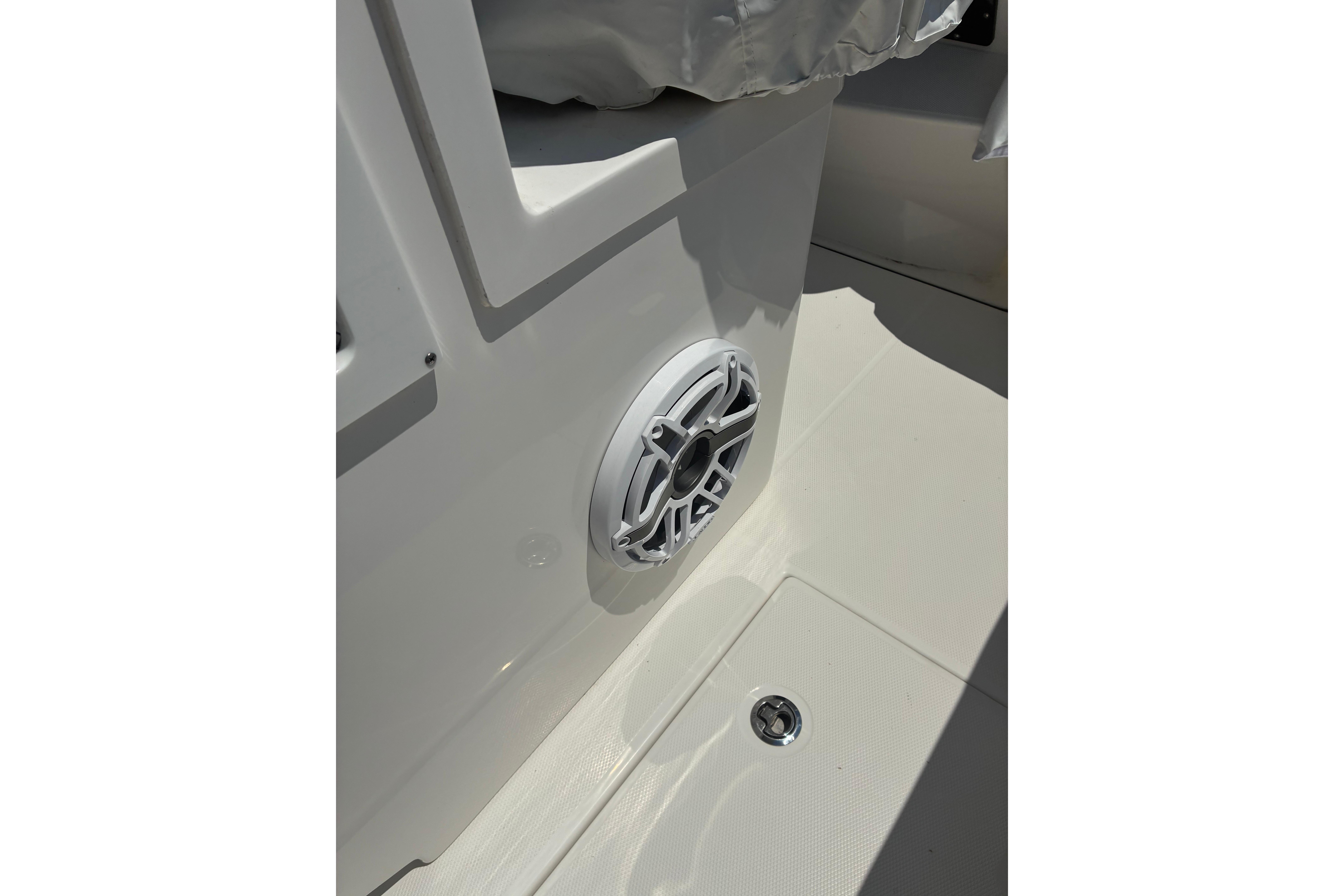 2023 Edgewater 285CC boat interior with speaker detail.
