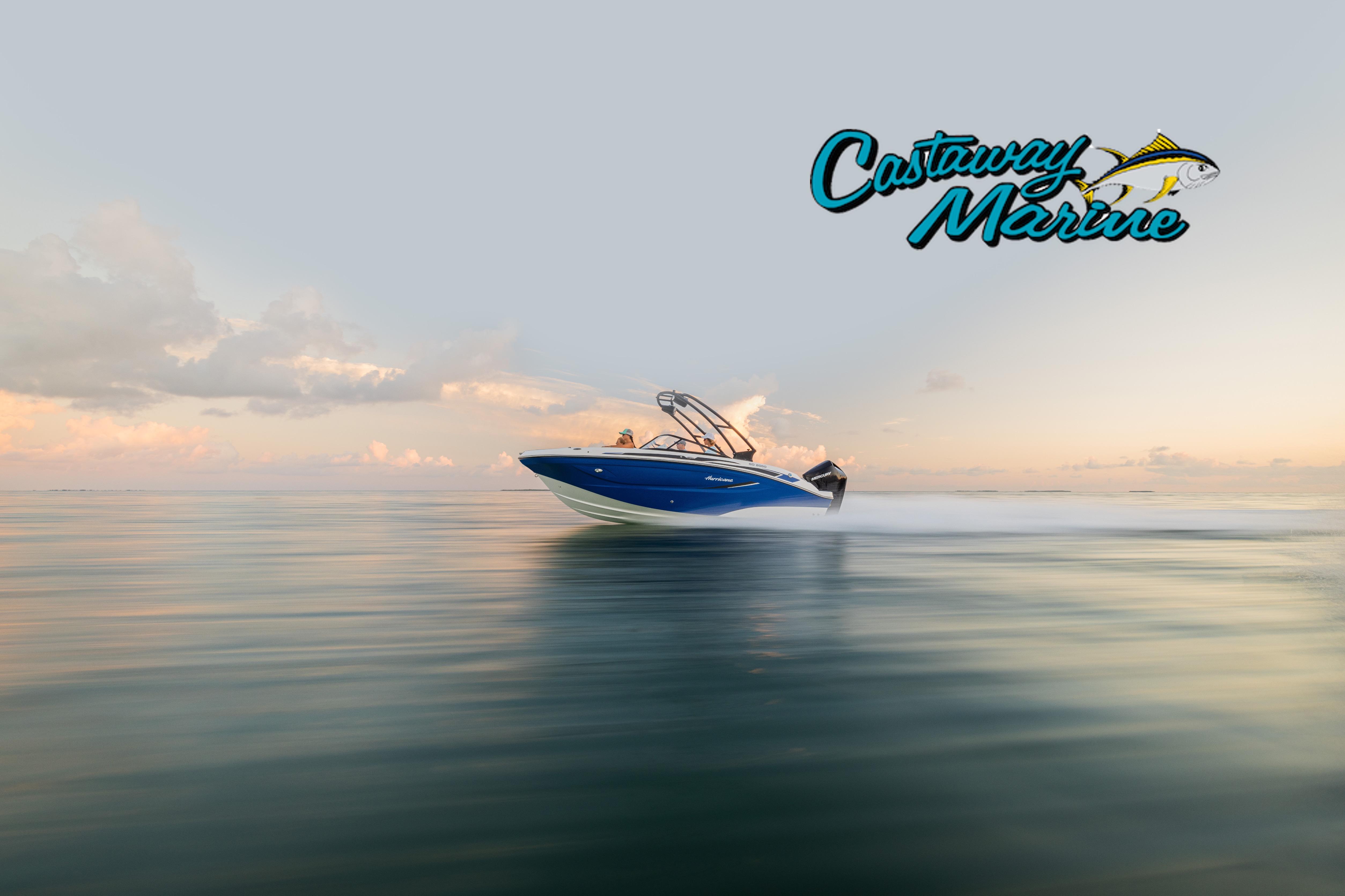 2026 Hurricane SunDeck 2050 OB boat cruising on calm water at sunset, Castaway Marine logo.