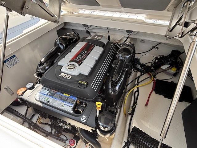 Engine compartment of 2026 Chaparral SSX 6 boat, featuring a 6.2L 300 horsepower engine.