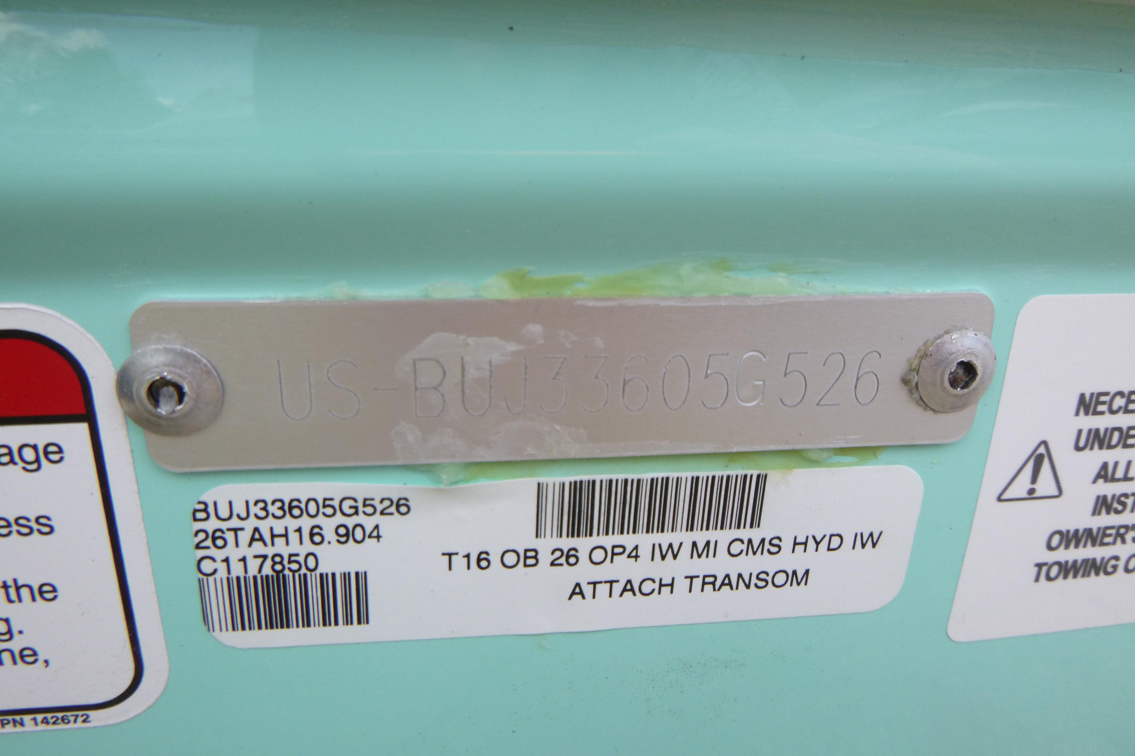 2026 Tahoe T16 boat identification plate with serial and model numbers.