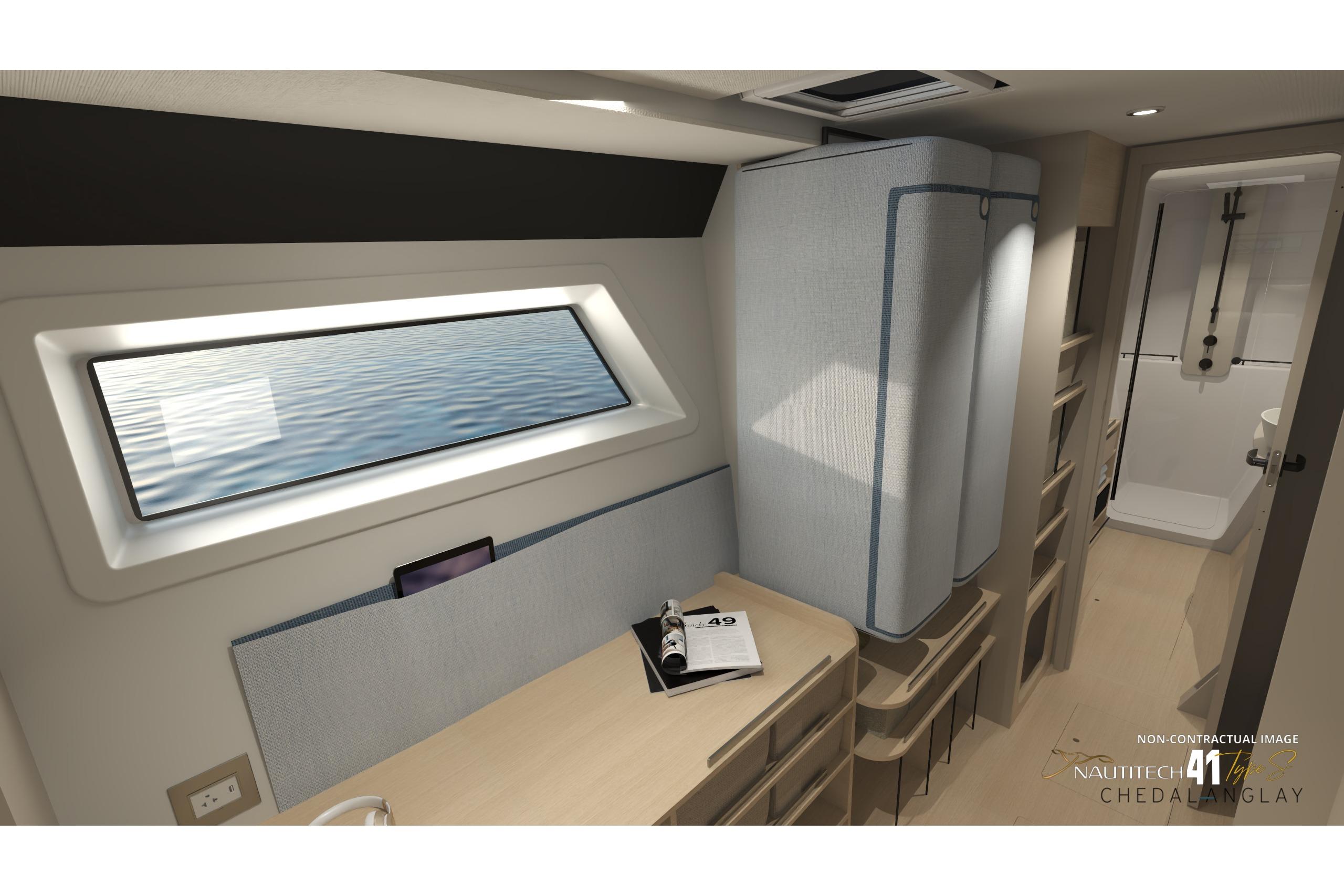 Interior of Nautitech 41 Type S 2026 with desk and window.