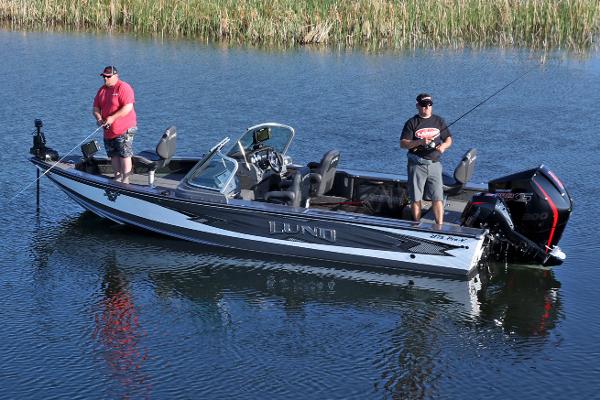 Manufacturer Provided Image: 2019 Lund 2175 Pro-V fishing boat on a lake with two anglers.