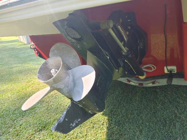 Close-up of 2014 Chaparral 224 Sunesta boat propeller and stern drive.