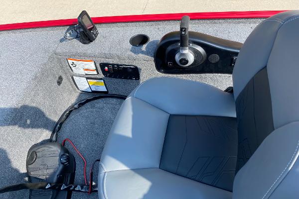 2025 Tracker Panfish 17 boat interior with steering controls and seating.