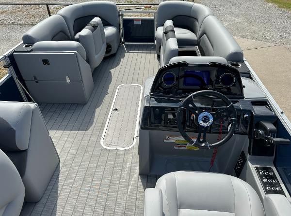 Interior of 2024 Landau ATLANTIS 230C pontoon boat with gray seating.