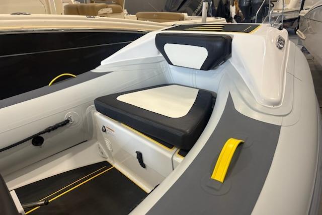 2026 Highfield Velox 420 boat interior with cushioned seating and modern design.