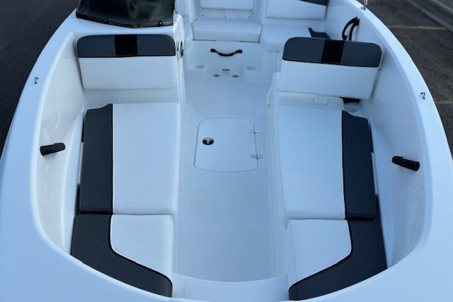 2026 Tahoe T16 boat interior with sleek white and black seating design.