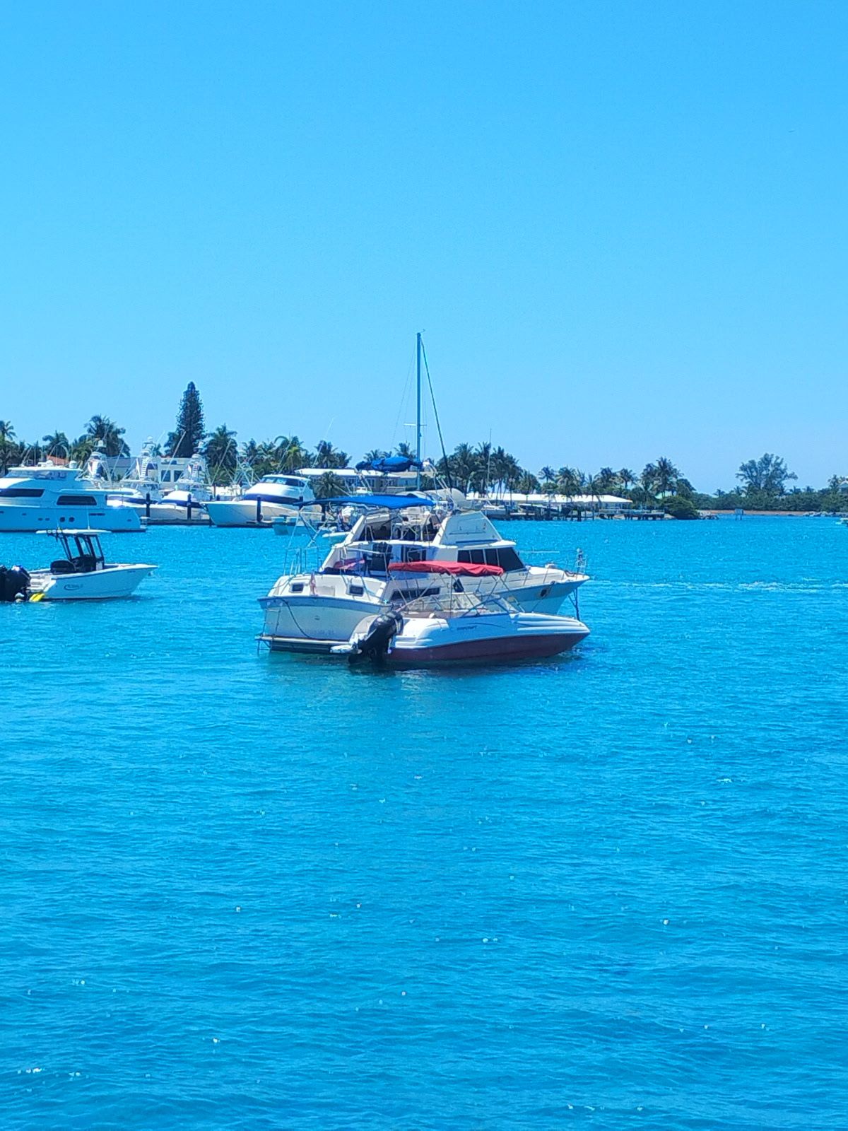 A 1984 Silverton 40 boat anchored on calm, blue water.