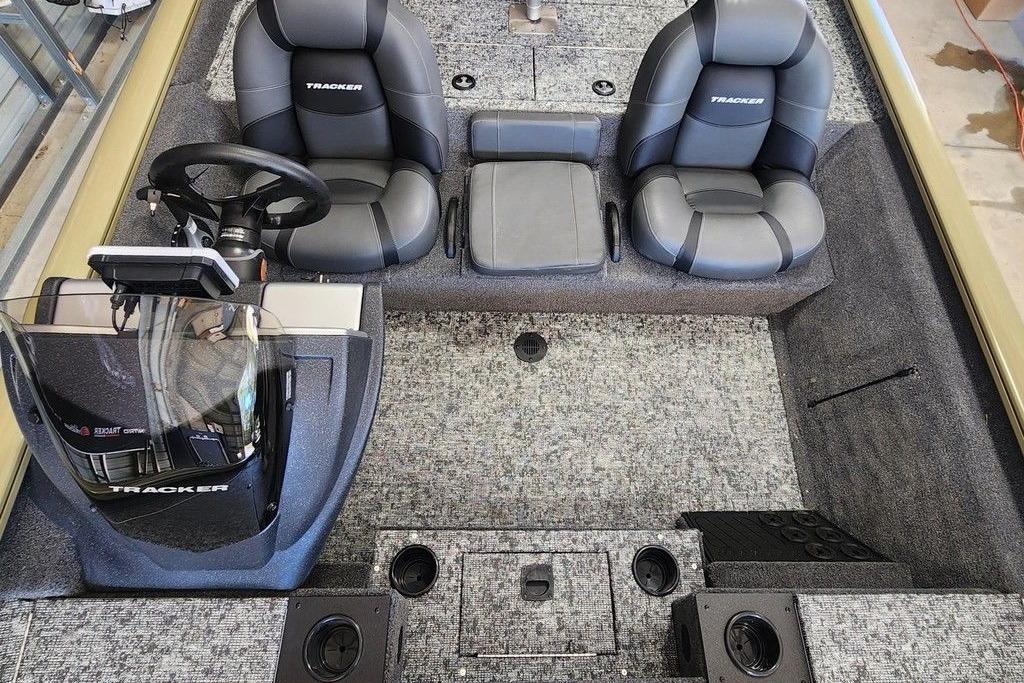 2026 Tracker Pro Team 195 boat interior with dual seats and steering console.