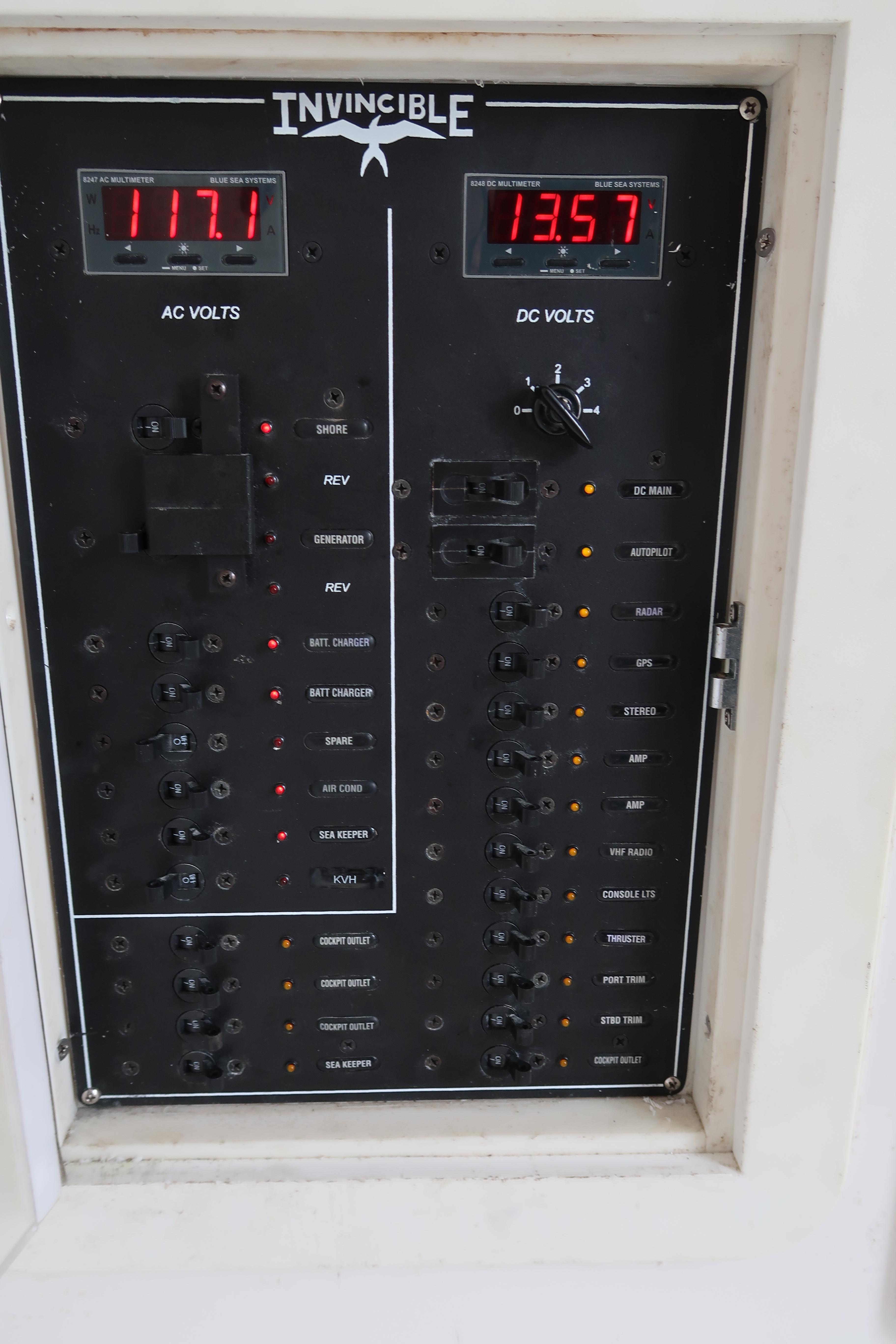 Electrical control panel of a 2016 Invincible 42 Open Fisherman boat.