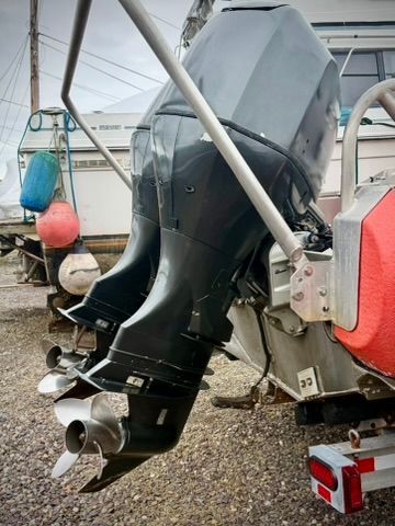Outboard motor of a 2004 SAFE Boats Defender.