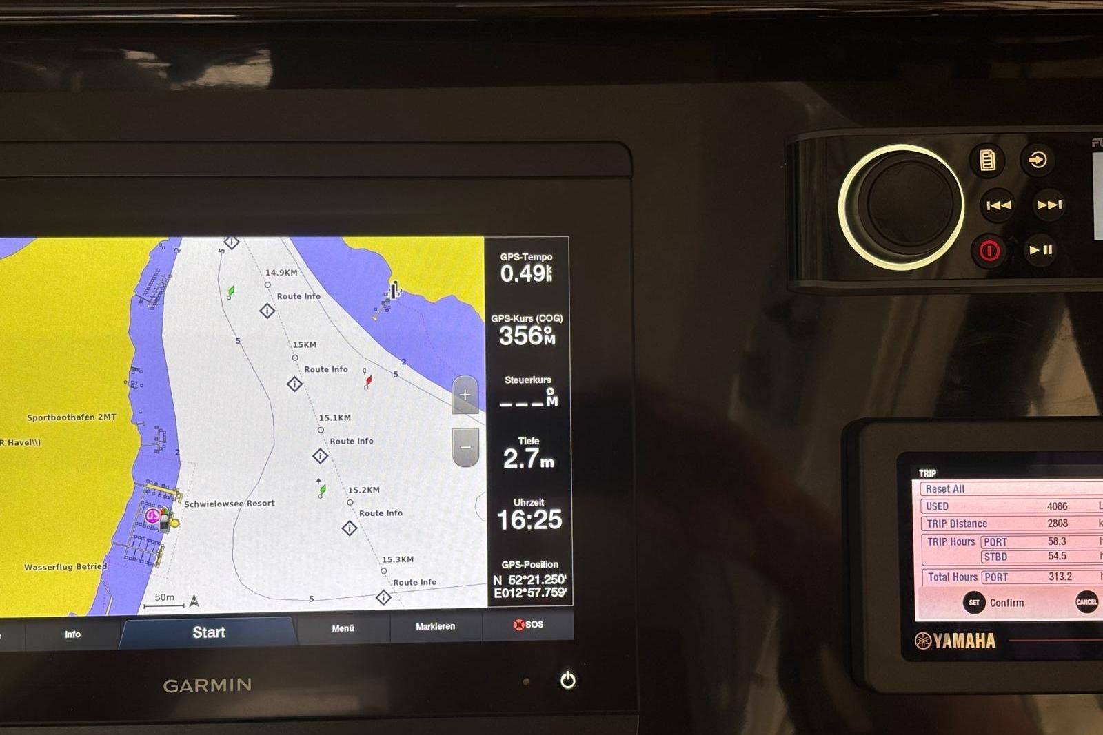 Garmin navigation display on 2020 Jeanneau Merry Fisher 1095 boat dashboard.