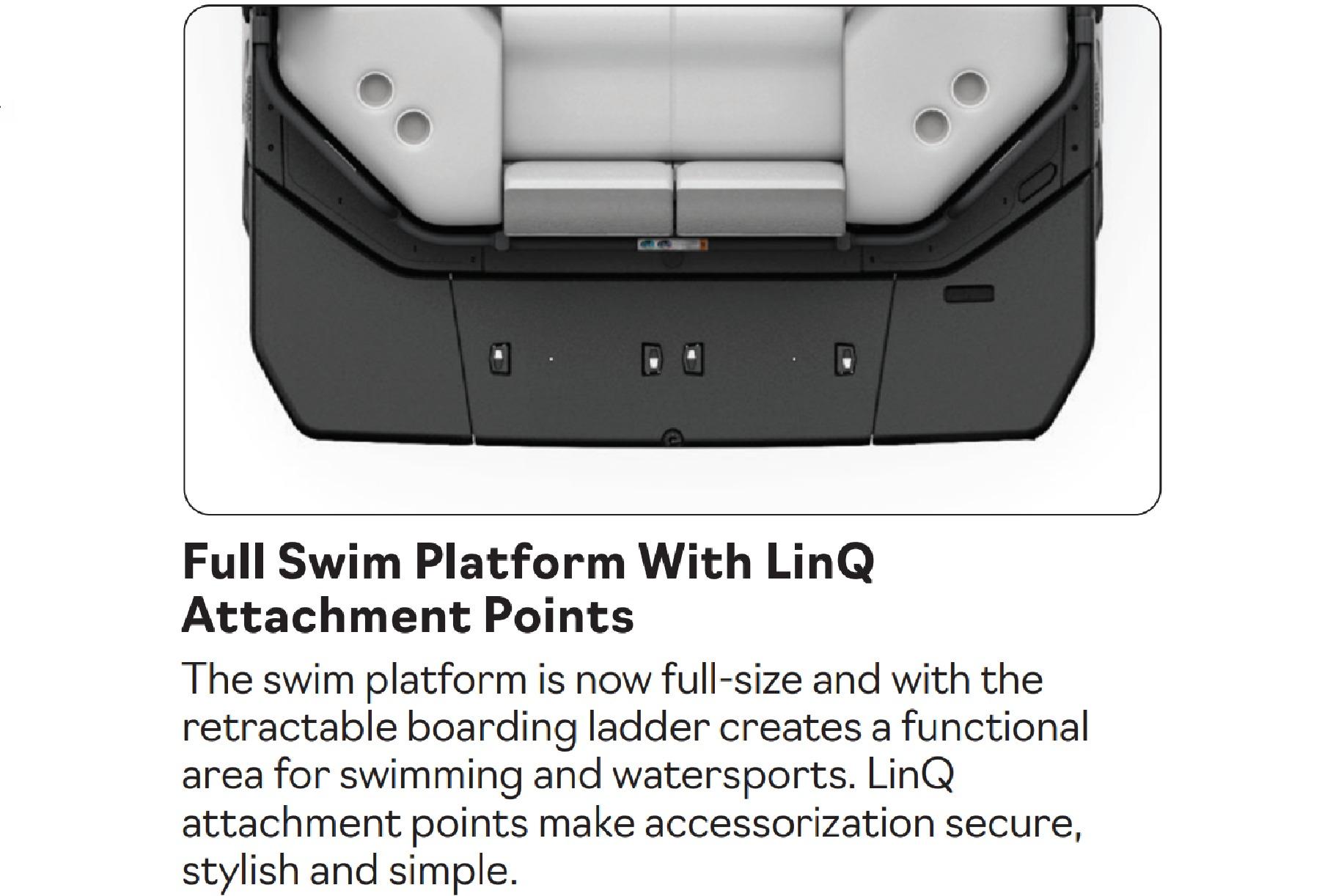 2026 Sea-Doo Switch Cruise 21 swim platform with LinQ attachment points, ideal for watersports.