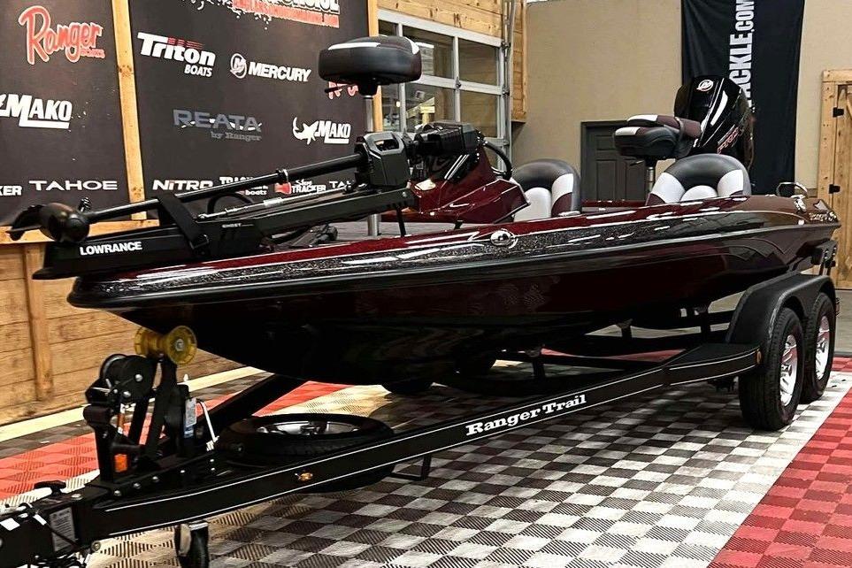 2026 Ranger Z185 boat on display with Lowrance equipment and Ranger Trail trailer.