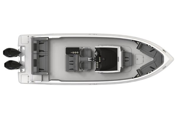 Manufacturer Provided Image: Top view of 2026 Monterey Elite 30 OB boat with dual outboard motors.
