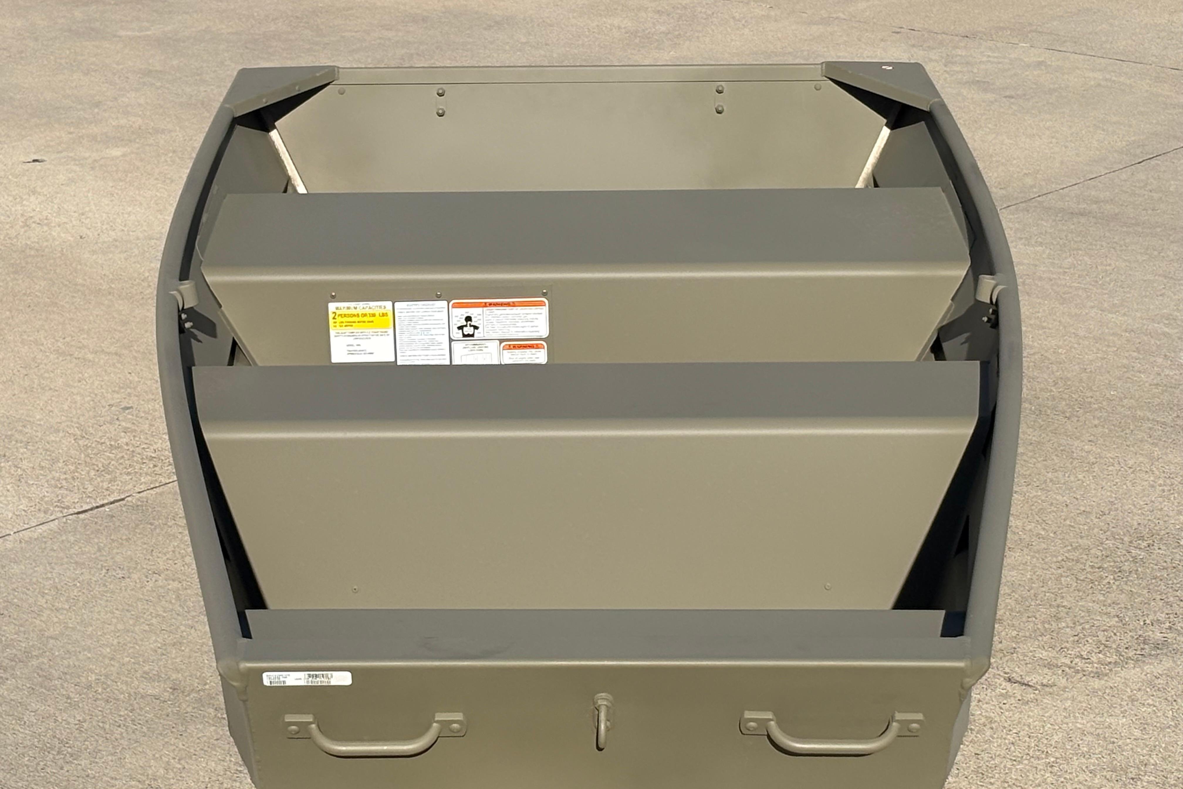 2026 Tracker Grizzly 14 Jon boat, top view, showcasing interior seating and storage.