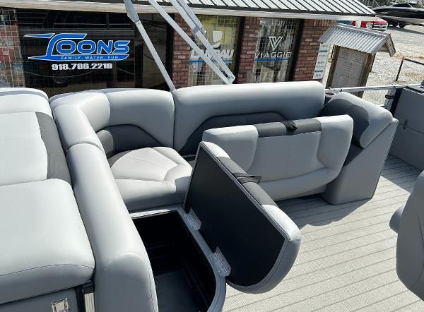 Interior of 2024 Landau ATLANTIS 230C with gray upholstery.