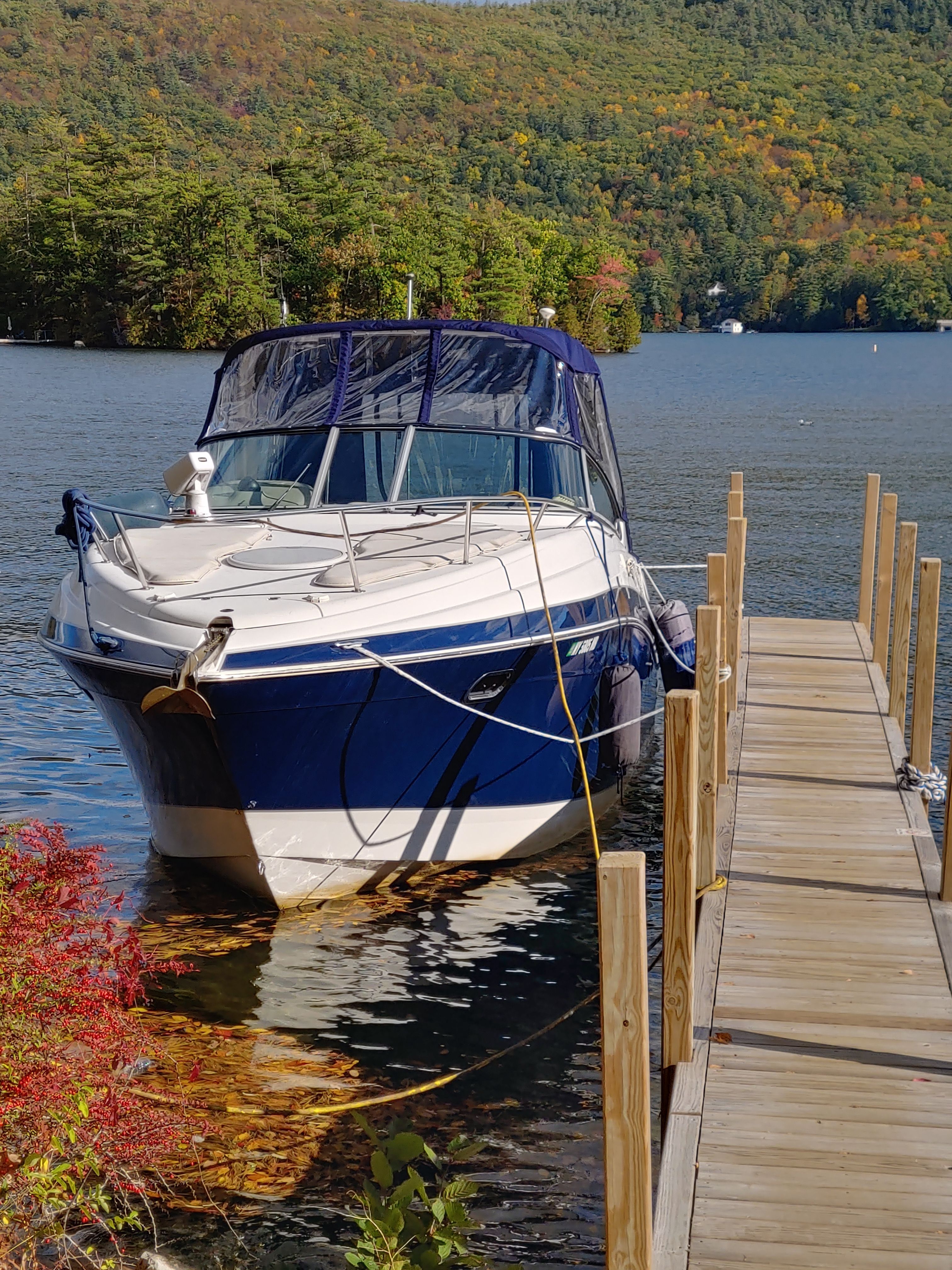 A blue and white boat is docked at a wooden pier on a calm lake.