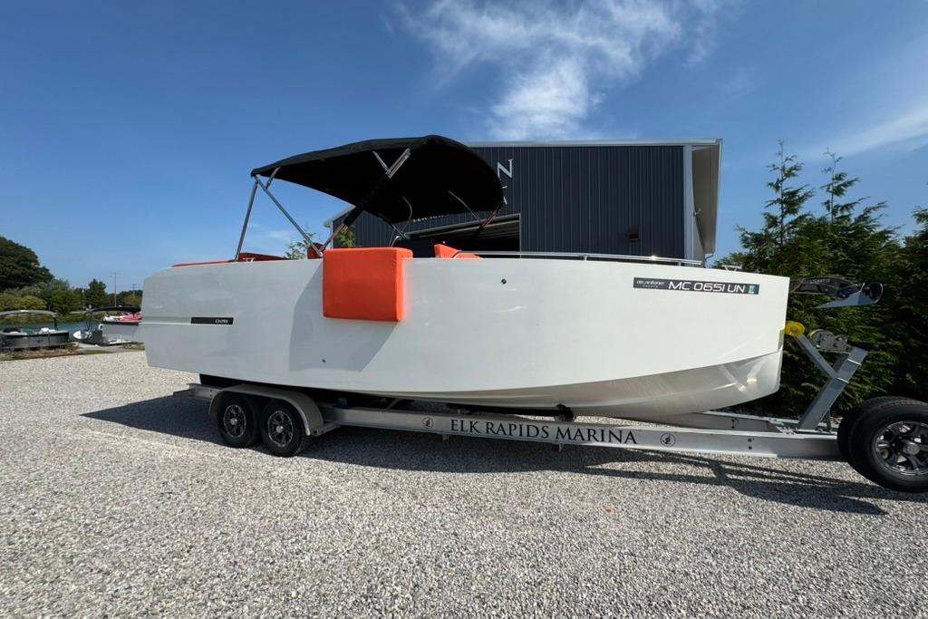 2020 De Antonio Yachts D28 on trailer at Elk Rapids Marina.