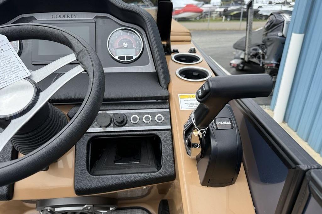 Control panel of 2026 Godfrey Monaco 235 SFLC iMPACT boat with Yamaha throttle.