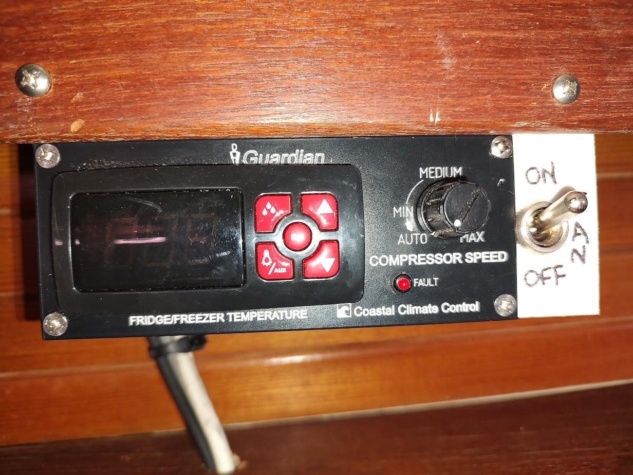 Control panel for fridge/freezer temperature on a 1987 Catalina C-34 boat.