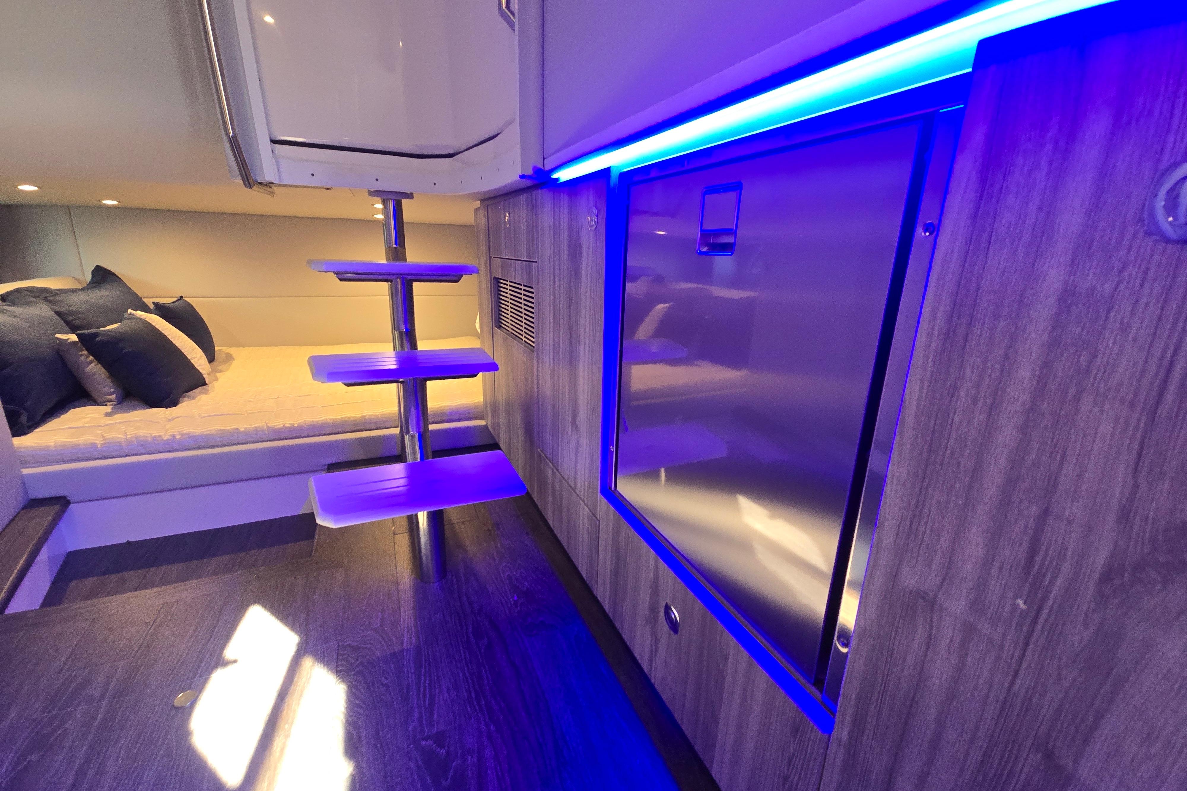 Interior of 2025 Formula 380 Super Sport Crossover OB with modern lighting and sleek design.