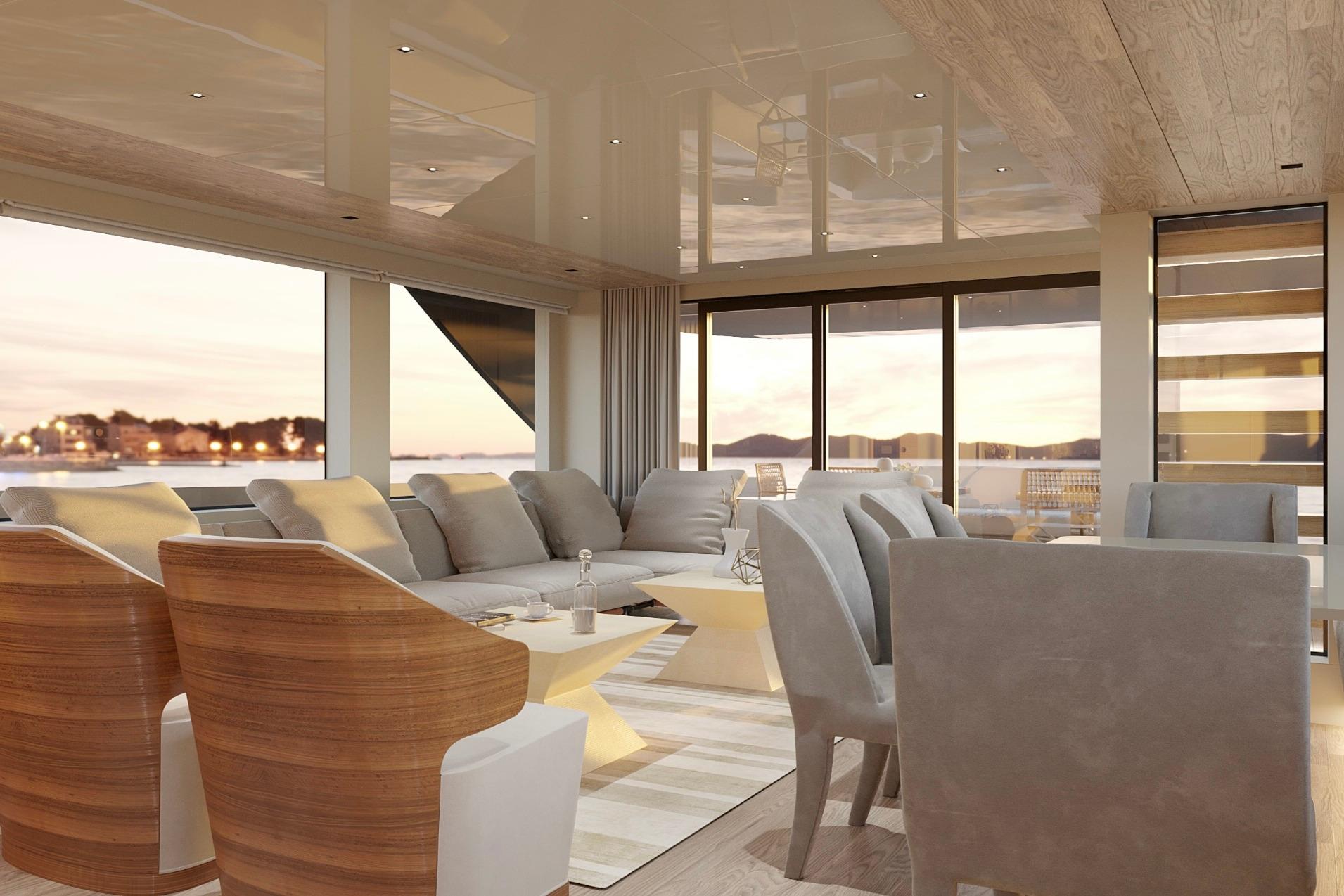 Luxurious interior of 2024 Sanlorenzo SL90A yacht with modern seating and panoramic windows.