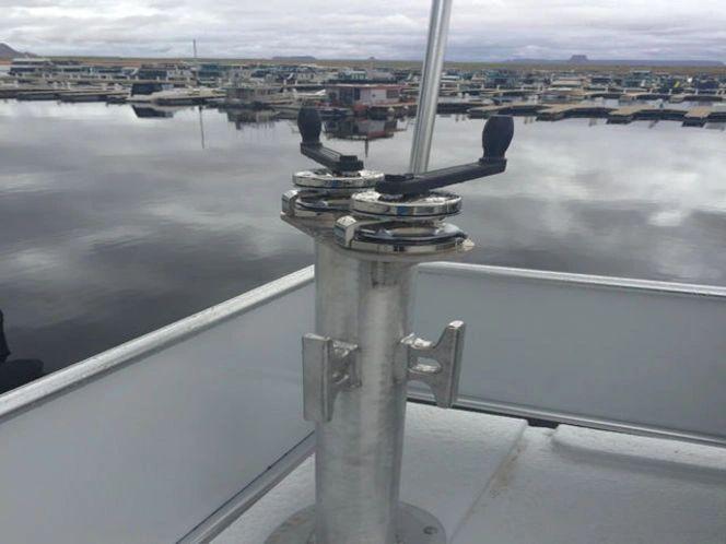 Boat deck view of Bravada Why Knot Week 10, 2015 model, docked at marina.